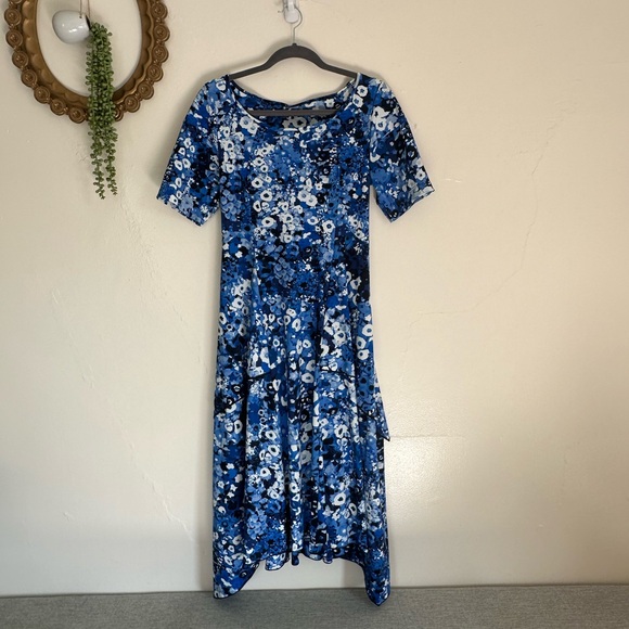 High Everyday Couture Blue Print Midi Dress, Tiered Asymmetrical Hem, US 10 - Picture 1 of 9